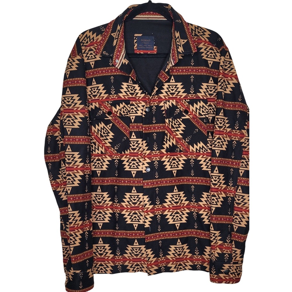 Nomad Men's Aztec Pattern‎ Shirt Jacket Black Tan Red L Button Spread Collar